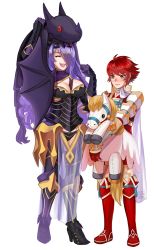 Rule 34 | 2girls, armor, between breasts, blush, breasts, camilla (fire emblem), cape, cleavage, cleavage cutout, clothing cutout, conmimi, embarrassed, closed eyes, fire emblem, fire emblem fates, full body, gold trim, hinoka (fire emblem), holding, large breasts, long hair, multiple girls, nintendo, open mouth, purple hair, red eyes, red hair, short hair, simple background, smile, standing, stuffed toy, wavy hair, white background