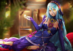 Rule 34 | 1girl, anklet, artist name, azura (fire emblem), bare shoulders, black dress, black gloves, black veil, blue hair, bow, breasts, commentary, dress, elbow gloves, english commentary, esther shen, fingerless gloves, fire emblem, fire emblem fates, gloves, hair between eyes, hair ornament, headdress, indoors, jewelry, lips, long hair, looking at viewer, lying, medium breasts, necklace, nintendo, parted lips, pendant, purple bow, purple ribbon, ribbon, signature, solo, strapless, strapless dress, teeth, veil, very long hair, yellow eyes