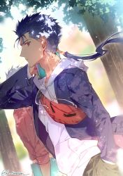 Rule 34 | 2boys, alternate costume, backpack, bag, blue hair, book, cu chulainn (fate), cu chulainn (fate/stay night), earrings, fate/stay night, fate (series), h sueun, hand in pocket, highres, holding, holding book, jewelry, looking at viewer, looking to the side, male focus, multiple boys, outdoors, ponytail, red eyes, solo focus, sweater, tree, tree shade, white sweater