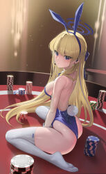 Rule 34 | 1girl, absurdres, animal ears, ass, blonde hair, blue archive, blue eyes, bow, bowtie, braid, breasts, detached collar, earpiece, fake animal ears, fake tail, halo, highleg, highleg leotard, highres, leotard, long hair, looking at viewer, medium breasts, multicolored hair, official alternate costume, playboy bunny, poker chip, poker table, rabbit ears, rabbit tail, rkin, sitting, solo, strapless, strapless leotard, streaked hair, table, tail, thighhighs, toki (blue archive), toki (bunny) (blue archive), very long hair, wariza, white thighhighs, white wrist cuffs, wrist cuffs