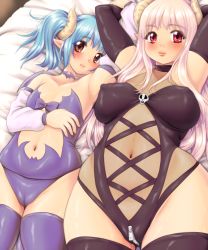 Rule 34 | 2girls, age difference, arms up, bed, blue hair, blush, breasts, brown eyes, cameltoe, crotch zipper, demon girl, demon horns, covered erect nipples, female focus, heart, heart-shaped pupils, highres, horns, kokumotsu, long hair, looking at viewer, lying, multiple girls, navel, on back, original, pink hair, pointy ears, red eyes, smile, symbol-shaped pupils, thighhighs, zipper