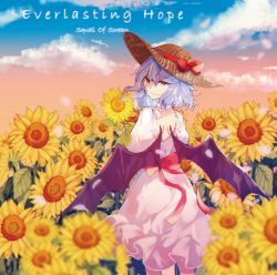 Rule 34 | 1girl, album cover, back, bat wings, blue sky, blurry, blurry foreground, bow, cherry blossoms, cloud, cloudy sky, cover, dress, dusk, eyebrows, eyelashes, falling petals, field, flower, flower field, frilled dress, frills, gradient sky, hat, hat ribbon, highres, jewelry, light purple hair, looking at viewer, medium hair, mirimo, neck ring, orange sky, petals, pink lips, red eyes, red ribbon, remilia scarlet, ribbon, shaded face, shadow, sky, smile, solo, straw hat, sunflower, sunflower field, tears, touhou, waist bow, white dress, white neckwear, wings