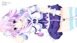 Rule 34 | 1girl, absurdres, artist name, bracelet, collarbone, d-pad, dress, female focus, hair ornament, helvetica std, highres, hood, hood down, hoodie, jacket, jewelry, looking at viewer, lying, neptune (neptunia), neptune (series), on side, open mouth, purple eyes, purple hair, short dress, short hair, short sleeves, simple background, smile, solo, striped clothes, striped thighhighs, thighhighs, underwear