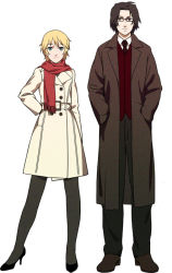 Rule 34 | 1boy, 1girl, coat, couple, edo umi, glasses, height difference, hetero, high heels, legs, original, pantyhose, scarf, shoes, short hair, size difference, standing