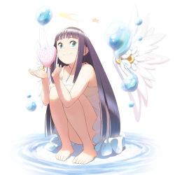 Rule 34 | 1girl, bare shoulders, barefoot, blue eyes, cupping hands, detached wings, dress, feet, heart, highres, hime cut, legs, long hair, noraico, original, own hands together, purple hair, ripples, smile, solo, squatting, toes, water, water drop, white background, wings