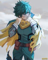 Rule 34 | 1boy, absurdres, artist name, bandages, bandaged arm, bandages, belt, blush, bodysuit, boku no hero academia, cape, commentary, cowboy shot, english commentary, freckles, gloves, green bodysuit, green hair, hands up, heart, highres, hood, hood down, light smile, looking to the side, male focus, midoriya izuku, pants, scarf, short hair, solo, spoilers, torn cape, torn clothes, viria13, white gloves, yellow cape