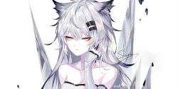 Rule 34 | 1girl, animal ears, arknights, artist name, bare shoulders, breasts, cleavage, commentary request, hair ornament, hairclip, lappland (arknights), looking at viewer, parted lips, sheya, signature, simple background, solo, strapless, tube top, upper body, white background, wolf ears
