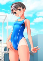 Rule 34 | 1girl, absurdres, black hair, blue one-piece swimsuit, blue sky, blurry, blurry background, breasts, brown eyes, cameltoe, clothes writing, cloud, commentary request, competition swimsuit, covered navel, cowboy shot, grin, highleg, highleg swimsuit, highres, one-piece swimsuit, one-piece tan, original, short hair, sky, small breasts, smile, solo, striped clothes, striped one-piece swimsuit, swimsuit, takafumi, tan, tanline, v