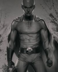 Rule 34 | 1boy, bag, bald, cape, clenched hand, closed eyes, gloves, greyscale, male focus, manly, monochrome, one-punch man, realistic, saitama (one-punch man), serious, shopping bag, solo, stanley lau, superhero costume