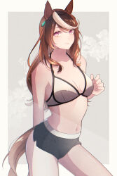 Rule 34 | 1girl, animal ears, arm behind back, artist name, bikini, bikini shorts, black bikini, breasts, brown hair, bumotch, closed mouth, commentary, cowboy shot, ear piercing, floral background, grey background, halterneck, highres, horse ears, horse girl, horse tail, long hair, looking at viewer, medium breasts, mismatched bikini, multicolored hair, navel, piercing, purple eyes, shorts, signature, smile, solo, standing, swept bangs, swimsuit, symboli rudolf (umamusume), tail, umamusume, white bikini, white hair