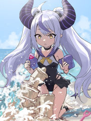 Rule 34 | 1girl, ahoge, alternate hairstyle, bare shoulders, beach, black choker, black one-piece swimsuit, breasts, choker, guchico, highres, hololive, horns, inflatable armbands, kneeling, la+ darknesss, long hair, mini flag, multicolored hair, one-piece swimsuit, open mouth, pointy ears, purple hair, sailor collar, sand castle, sand sculpture, sketch, small breasts, solo, streaked hair, striped horns, swimsuit, tail, twintails, two-tone hair, very long hair, virtual youtuber, water, waves, waving, white hair, yellow eyes