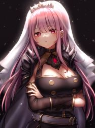 Rule 34 | 1girl, absurdres, belt, black background, black nails, breasts, cape, cleavage, crossed arms, highres, hololive, hololive english, large breasts, long hair, mori calliope, nail polish, parted lips, pink hair, red eyes, shoulder spikes, solo, spikes, tiara, veil, virtual youtuber, waramori fuzuka