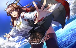Rule 34 | 10s, 1girl, :d, ahoge, ashiwara yuu, black thighhighs, brown hair, cloud, day, detached sleeves, dutch angle, foreshortening, headgear, kantai collection, kongou (kancolle), long hair, machinery, nontraditional miko, ocean, open mouth, outstretched arms, outstretched hand, purple eyes, skirt, sky, smile, solo, spread arms, thighhighs, water