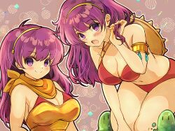 Rule 34 | 2girls, armor, athena (series), bent over, bikini, breasts, cleavage, from below, hand on own knee, large breasts, leaning forward, legs, long hair, looking at viewer, multiple girls, navel, princess, princess athena, purple eyes, purple hair, red bikini, shield, slime (creature), smile, snk, solo, swimsuit, sword, thighs, weapon