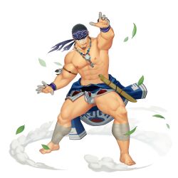 Rule 34 | 1boy, abs, armband, bandages, bandaid, bandaid on face, bara, barefoot, biceps, black eyes, black hair, falling leaves, feet, fighting stance, fundoshi, gauntlets, gyee, headband, itto (mentaiko), japanese clothes, jewelry, kamui (gyee), large pectorals, leaf, male focus, manly, mature male, muscular, muscular male, necklace, nipples, official art, pectorals, short hair, simple background, skirt, smile, solo, spiked hair, thick arms, thick thighs, thighs, tongue, tongue out, underwear, white background, wind
