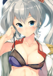 Rule 34 | 10s, 1girl, bad id, bad pixiv id, blue eyes, blush, bra, breasts, gedou (shigure seishin), hat, kantai collection, kashima (kancolle), looking at viewer, medium breasts, military, military uniform, open clothes, silver hair, solo, twintails, underwear, uniform