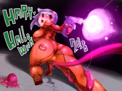 Rule 34 | artist request, ass, bodysuit, breasts, cameltoe, gun, halloween, jack-o&#039;-lantern, original, pumpkin, pussy juice, pussy juice drip, pussy juice stain, pussy juice trail, skin tight, sweat, tagme, tentacles, weapon