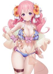 Rule 34 | 1girl, aya (lezon), bare shoulders, bikini, blue bikini, breasts, cleavage, closed mouth, cowboy shot, flower, hair flower, hair ornament, hair ribbon, halterneck, hand on own hip, highres, large breasts, long hair, looking at viewer, navel, orange flower, parted lips, pink hair, princess connect!, ribbon, simple background, solo, standing, stomach, swimsuit, thigh strap, tsumugi (princess connect!), tsumugi (summer) (princess connect!), white background, white ribbon, wrist cuffs
