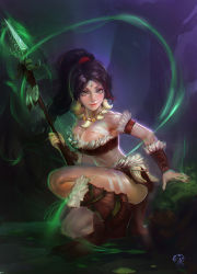 Rule 34 | 1girl, bare shoulders, black hair, bodypaint, bone, boots, bracer, breasts, brown footwear, cleavage, earrings, facial mark, feathers, female focus, forehead mark, fur trim, glowing, glowing weapon, hair tie, highres, jewelry, kneeling, large breasts, league of legends, long hair, looking at viewer, maomao, midriff, necklace, nidalee, on one knee, polearm, ponytail, smile, solo, spear, watermark, weapon, yellow eyes