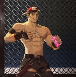 Rule 34 | 1boy, :q, abs, absurdres, armband, backwards hat, bad id, bad twitter id, bandaid, bandaid on face, bara, bare shoulders, baseball cap, belt, belt buckle, black pants, brass knuckles, buckle, chain, collarbone, cowboy shot, fence, fingerless gloves, gloves, grabbing, grabbing own breast, hat, highres, holding, korean commentary, looking at viewer, male focus, male underwear, male underwear peek, muscular, muscular male, navel, o-ring, open fly, open mouth, original, pants, partially unzipped, pectoral grab, pectorals, scar, scar on face, shaded face, short hair, solo, standing, strawberry milk, tongue, tongue out, topless male, torn clothes, torn legwear, torn pants, underwear, uza (hellme), very short hair, weapon, white male underwear, yellow eyes, zipper pull tab