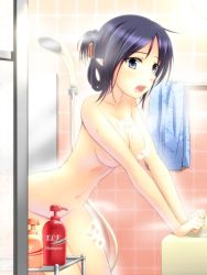 Rule 34 | 1girl, :o, arm support, bathing, bathroom, blue eyes, blue hair, bottle, breasts, censored, clenched hands, convenient censoring, cowboy shot, elf, english text, foam, folded ponytail, from side, groin, hair ornament, hair up, hairclip, indoors, kuurunaitsu, large breasts, leaning forward, looking at viewer, matching hair/eyes, mirror, navel, nude, open mouth, original, parted bangs, pointy ears, shampoo, shower head, soap bubbles, soap censor, solo, steam, tile wall, tiles, towel, v arms, wet