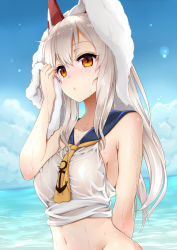 Rule 34 | 1girl, amasora taichi, ayanami (azur lane), azur lane, blouse, blue sky, blush, breasts, brown eyes, closed mouth, cloud, cloudy sky, collarbone, crop top, day, drying, drying hair, hand up, highres, long hair, medium breasts, navel, necktie, orange eyes, outdoors, shirt, sidelocks, silver hair, sky, sleeveless, solo, towel, towel on head, upper body, wet, wet clothes, wet shirt, white shirt, yellow necktie