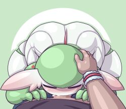 Rule 34 | 1boy, 1girl, ass, blush, bottomless, bracelet, closed eyes, colored skin, creatures (company), deep penetration, deepthroat, dress, erection, fellatio, furry, game freak, gardevoir, gen 3 pokemon, green background, green hair, green skin, hand on another&#039;s head, heart, hetero, highres, huge ass, interspecies, jewelry, large penis, limebreaker, nintendo, oral, penis, pokemon, pov, shirt, short hair, thick thighs, thighs, uncensored, white background, white skin, wide hips