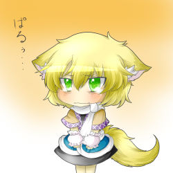 Rule 34 | 1girl, animal ears, bad id, bad pixiv id, blonde hair, blush, chibi, dog ears, dog tail, fang, female focus, gradient background, green hair, kemonomimi mode, mizuhashi parsee, rebecca (keinelove), scarf, shirt, short hair, skirt, solo, tail, touhou, v arms, wavy mouth, white background
