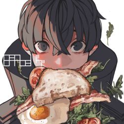 Rule 34 | 1boy, absurdres, bacon, black coat, black eyes, black hair, coat, eating, egg (food), fatalbug896, food, food in mouth, hair between eyes, high collar, highres, looking at viewer, male focus, original, portrait, sandwich, short hair, signature, simple background, solo, sunny side up egg, tomato, tomato slice, turtleneck, watermark, white background