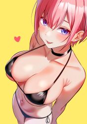 1girl absurdres armpit_crease bare_shoulders bikini black_bikini black_choker blush breasts choker cleavage closed_mouth collarbone commentary earrings from_above go-toubun_no_hanayome hair_between_eyes heart highres jewelry kanarin6 large_breasts nakano_ichika navel pink_hair purple_eyes short_hair side-tie_bikini_bottom simple_background smile solo stomach string_bikini stud_earrings swimsuit thighs tongue tongue_out yellow_background