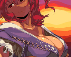 Rule 34 | 1girl, bored, breasts, cleavage, evening, female focus, large breasts, looking away, off shoulder, onozuka komachi, red eyes, red hair, solo, sun-3, sunset, touhou, upper body