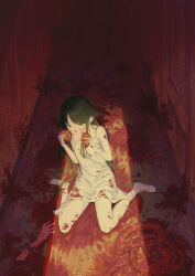 Rule 34 | 1girl, absurdres, bare shoulders, black ribbon, blood, blood on clothes, blood on face, blood splatter, commentary request, dress, eating, flat chest, from above, full body, green eyes, green hair, guro, hair flaps, highres, holding, indoors, long hair, looking at viewer, organs, ribbon, sandals, saya (saya no uta), saya no uta, sitting, sleeveless, sleeveless dress, solo, spaghetti strap, sundress, sxrxri a, upturned eyes, very long hair, wariza, white dress, white footwear