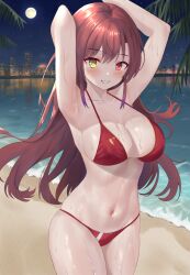 Rule 34 | 1girl, arms behind head, beach, bikini, breasts, cityscape, cleavage, cowboy shot, full moon, heterochromia, highres, hololive, houshou marine, large breasts, long hair, looking at viewer, moon, navel, night, nironiro (qlcfud), ocean, outdoors, parted lips, red bikini, red eyes, red hair, smile, solo, swimsuit, virtual youtuber, yellow eyes