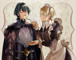 Rule 34 | 2boys, 33 gmk, apron, armor, armored gloves, arms up, back bow, black armor, black cape, black shirt, blonde hair, blue eyes, bow, byleth (fire emblem), byleth (male) (fire emblem), cake, cape, closed eyes, collared dress, cowboy shot, crossdressing, dimitri alexandre blaiddyd, dress, eating, fire emblem, fire emblem: three houses, food, fork, frilled sleeves, frills, gloves, gorget, green hair, hair between eyes, holding, holding fork, juliet sleeves, long sleeves, looking at another, maid, maid apron, maid headdress, male focus, motion lines, multiple boys, nervous sweating, nintendo, open mouth, outstretched hand, puffy long sleeves, puffy sleeves, shirt, sleeve cuffs, sparkle, sweat, sweatdrop, trembling, white bow, white sleeve cuffs