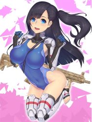 Rule 34 | 1girl, :d, armor, armpits, assault rifle, barefoot, between breasts, black gloves, black hair, black thighhighs, blue eyes, blue nails, blue one-piece swimsuit, blunt bangs, blush, breasts, clenched hands, competition swimsuit, covered navel, feet, female focus, full body, gloves, gun, hands up, highleg, highleg swimsuit, impossible clothes, impossible swimsuit, jumping, large breasts, leg armor, legs together, long hair, looking at viewer, nail polish, nidy, one-piece swimsuit, open mouth, original, rifle, shiny clothes, shoulder armor, side ponytail, skin tight, smile, solo, swimsuit, teeth, thighhighs, toeless legwear, toenail polish, toenails, toes, turtleneck, vertical forward grip, w arms, weapon, white armor, white background