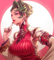 Rule 34 | 1girl, armband, armpit cutout, black ribbon, blue eyes, breasts, circle, clothing cutout, earrings, green hair, green nails, hand on own hip, hand up, high collar, highres, holding, holding pen, jewelry, kaburagi yasutaka, large breasts, layered clothes, light smile, lips, long sleeves, looking at viewer, multiple earrings, nail polish, neck ribbon, original, parted lips, pen, ribbed sweater, ribbon, short hair, sideways glance, solo, sweater, upper body