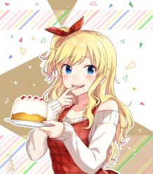 Rule 34 | 1girl, :d, abstract background, apron, bekkourico, blonde hair, blue eyes, blush, cake, food, hair ribbon, holding, holding plate, idolmaster, idolmaster cinderella girls, long hair, long sleeves, looking at viewer, off-shoulder, off-shoulder sweater, off shoulder, ohtsuki yui, one side up, open mouth, plaid, plaid apron, plaid ribbon, plate, red apron, red ribbon, ribbon, signature, sleeves past wrists, smile, solo, sweater, tareme, tasting, tongue, tongue out, triangle, wavy hair, white sweater