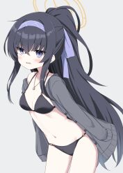 Rule 34 | 1girl, absurdres, bikini, black bikini, black hair, blue archive, blue eyes, blush, breasts, cleavage, commentary request, cowboy shot, grey jacket, hairband, halo, highres, jacket, jewelry, kurumizawa ruri, leaning forward, long hair, looking to the side, navel, necklace, o-ring, o-ring bikini, official alternate costume, open clothes, open jacket, open mouth, ponytail, purple hairband, simple background, sleeves past fingers, sleeves past wrists, small breasts, solo, swimsuit, ui (blue archive), ui (swimsuit) (blue archive), very long hair, white background, yellow halo