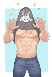 Rule 34 | 00047, 1boy, abs, alternate costume, alternate hairstyle, bara, bare pectorals, claw pose, cowboy shot, cross scar, denim, fate/grand order, fate (series), fou (fate), grey shirt, jeans, large pectorals, male focus, muscular, muscular male, napoleon bonaparte (fate), navel, nipples, pants, pectorals, scar, scar on chest, shirt, shirt over head, short hair, solo, stomach