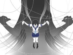 Rule 34 | 10s, 1girl, black hair, closed eyes, faubynet, held up, highres, lifting another&#039;s clothes, lifting person, long hair, mahou shoujo madoka magica, mahou shoujo madoka magica (anime), md5 mismatch, monochrome, original, restrained, school uniform, serafuku, short hair, silhouette, skirt, solo, string, twintails