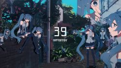 Rule 34 | 39, 6+girls, :d, ahoge, bare shoulders, black footwear, black legwear, black skirt, black sleeves, blue eyes, blue hair, blue nails, blue neckwear, boots, breasts, brick wall, building, clone, collared shirt, commentary, danjou sora, day, detached sleeves, facing away, giant, giantess, grey shirt, hair between eyes, hair ornament, happy birthday, hatsune miku, highres, long hair, long sleeves, looking at viewer, mini person, minigirl, multiple girls, nail polish, necktie, on wall, open mouth, outdoors, pleated skirt, shirt, sitting, sitting on wall, skirt, sleeveless, sleeveless shirt, sleeves past wrists, small breasts, smile, standing, thigh boots, thighhighs, twintails, very long hair, vocaloid, wide sleeves