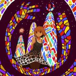 1girl blonde_hair blue_dress cameo dress highres madotsuki shoe&amp;nikki short_hair stained_glass usotsuki yume_nikki yume_nisshi