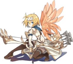 Rule 34 | 1girl, ark order, arrow (projectile), blonde hair, blue scarf, boots, bow (weapon), brown footwear, crop top, detached wings, drawing bow, elbow gloves, feathered wings, forehead protector, full body, gloves, gold trim, hair intakes, holding, holding arrow, holding bow (weapon), holding weapon, icarus (ark order), jewelry, kzhu, looking at viewer, midriff, official art, orange wings, quiver, ring, scarf, shirt, short hair, skirt, solo, stomach, tachi-e, thigh boots, thighhighs, transparent background, weapon, white gloves, white shirt, white skirt, wings