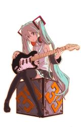 Rule 34 | 1girl, aqua hair, bad id, bad pixiv id, detached sleeves, female focus, full body, gradient background, guitar, hatsune miku, headphones, instrument, long hair, necktie, sitting, solo, thighhighs, twintails, very long hair, vocaloid, white background, yoneda (datsugoku)