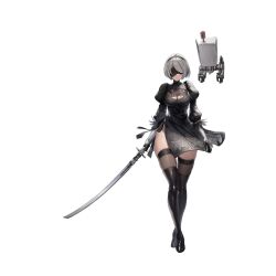 Rule 34 | 1girl, 2b (nier:automata), absurdres, black blindfold, black dress, blindfold, boots, breasts, cleavage, cleavage cutout, clothing cutout, collaboration, covered eyes, crossover, curvy, dress, feather-trimmed sleeves, gloves, goddess of victory: nikke, highres, holding, holding sword, holding weapon, katana, large breasts, long sleeves, nier:automata, nier (series), official art, pod (nier:automata), shiny skin, short hair, solo, sword, thick thighs, thighhighs, thighhighs under boots, thighs, weapon, white hair, wide hips
