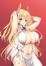 Rule 34 | 1girl, absurdres, arms behind head, azur lane, blonde hair, blue eyes, blue flower, breasts, center opening, china dress, chinese clothes, cleavage, clothing cutout, dress, flower, gold trim, hair ornament, hands in hair, highres, huge breasts, laurel crown, long hair, looking at viewer, official alternate costume, pelvic curtain, raranokusu, red background, shawl, simple background, sleeveless, sleeveless dress, solo, stomach cutout, victorious (azur lane), victorious (guidance of the spring goddess) (azur lane), white dress, white shawl
