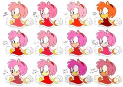 Rule 34 | 1girl, absurdres, amy rose, animal ears, animal nose, bare shoulders, black eyes, body fur, breasts, clenched hands, copyright name, dress, english text, female focus, flat color, gloves, green eyes, grin, hairband, happy, highres, multiple views, pink fur, red dress, red hairband, short dress, sideways mouth, simple background, sketch, sleeveless, sleeveless dress, small breasts, smile, sonic (series), sonic advance, sonic adventure, sonic boom (series), sonic channel, sonic drift, sonic x, stellarspin, team sonic racing, teeth, two-tone fur, upper body, white background, white gloves, yellow fur