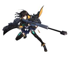 Rule 34 | 1girl, anti-materiel rifle, bag, barrett m82, belt, black hair, black jacket, black thighhighs, casing ejection, counter:side, full body, gun, highres, holding, holding gun, holding weapon, jacket, long hair, official art, red eyes, rifle, scope, serious, shell casing, skirt, sniper rifle, thighhighs, transparent background, weapon, xiao lin (counter:side)
