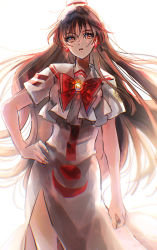 Rule 34 | akira ferrari, aria (manga), bow, brown hair, cowboy shot, dress, earrings, facing viewer, hand on own hip, hat, highres, himeya company uniform, jewelry, long dress, long hair, paddy field, red bow, sailor collar, short sleeves, side slit, simple background, sketch, solo, uniform, white dress