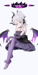 Rule 34 | 1girl, absurdres, black horns, blue archive, breasts, closed mouth, crossed legs, demon horns, demon wings, dress, elbow gloves, full body, gloves, grey hair, halo, highres, hina (blue archive), hina (dress) (blue archive), horns, jewelry, long hair, long sleeves, looking at viewer, multiple horns, nagata gata, necklace, official alternate costume, official alternate hairstyle, pantyhose, pendant, purple dress, purple eyes, purple pantyhose, purple wings, simple background, small breasts, solo, strapless, strapless dress, white background, wings